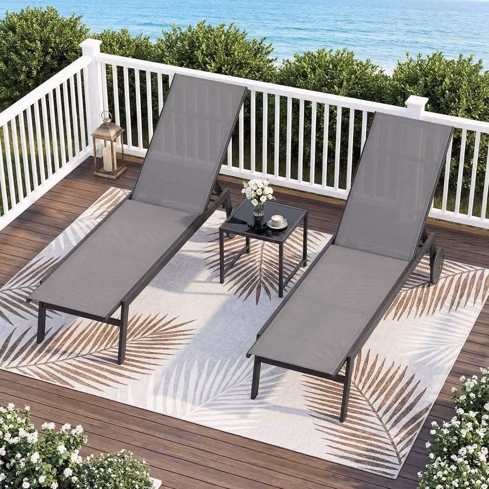 Costway Set of 2 Grey Outdoor Patio Sun Lounger Recliner Chairs with Wheels and Adjustable Headrests – 2