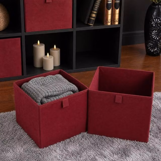 OHS 2 x Matte Velvet Cube Folding Storage Organisers in Dark Red – 1