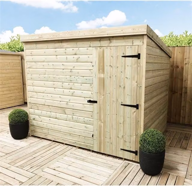 Marlborough Pressure Treated Pent Garden Shed with Single Door in Sand – 1