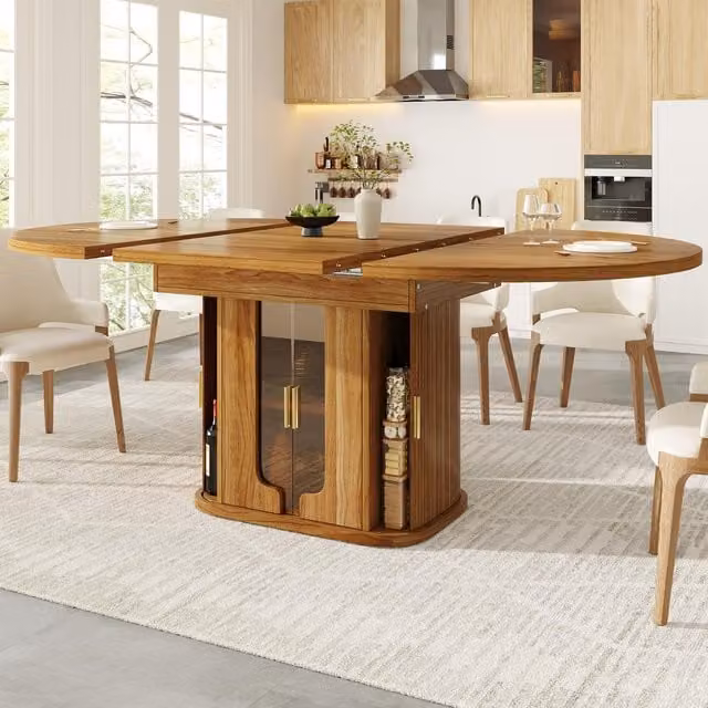 Aosom UK Extendable Round Dining Table with Hidden Storage and Glass Doors in Brown, W/D/H: 118 x 118 x 77 cm (Extends to 158 cm)
