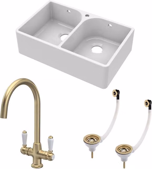Balterley White Ceramic 2 Bowl Full Weir Butler Sink with Brushed Brass Wastes and Tap, W: 795 mm