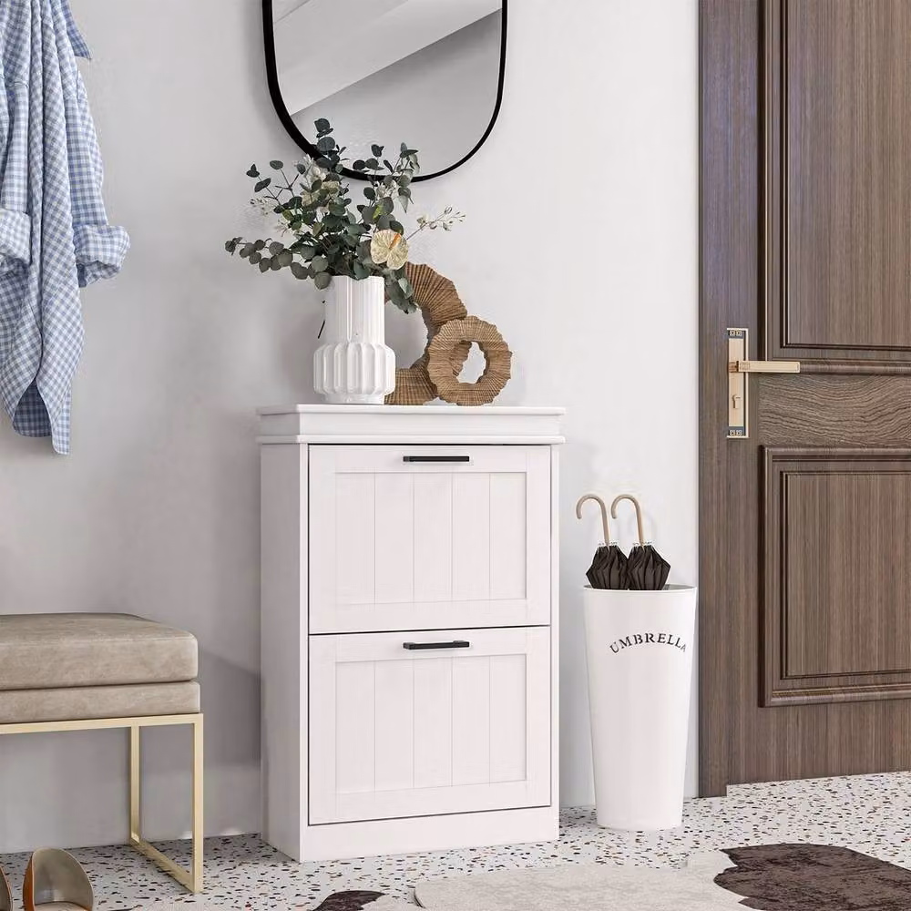 KORVIXA White Narrow Shoe Cabinet with Adjustable Flat Shelves and Matt Finish – 2