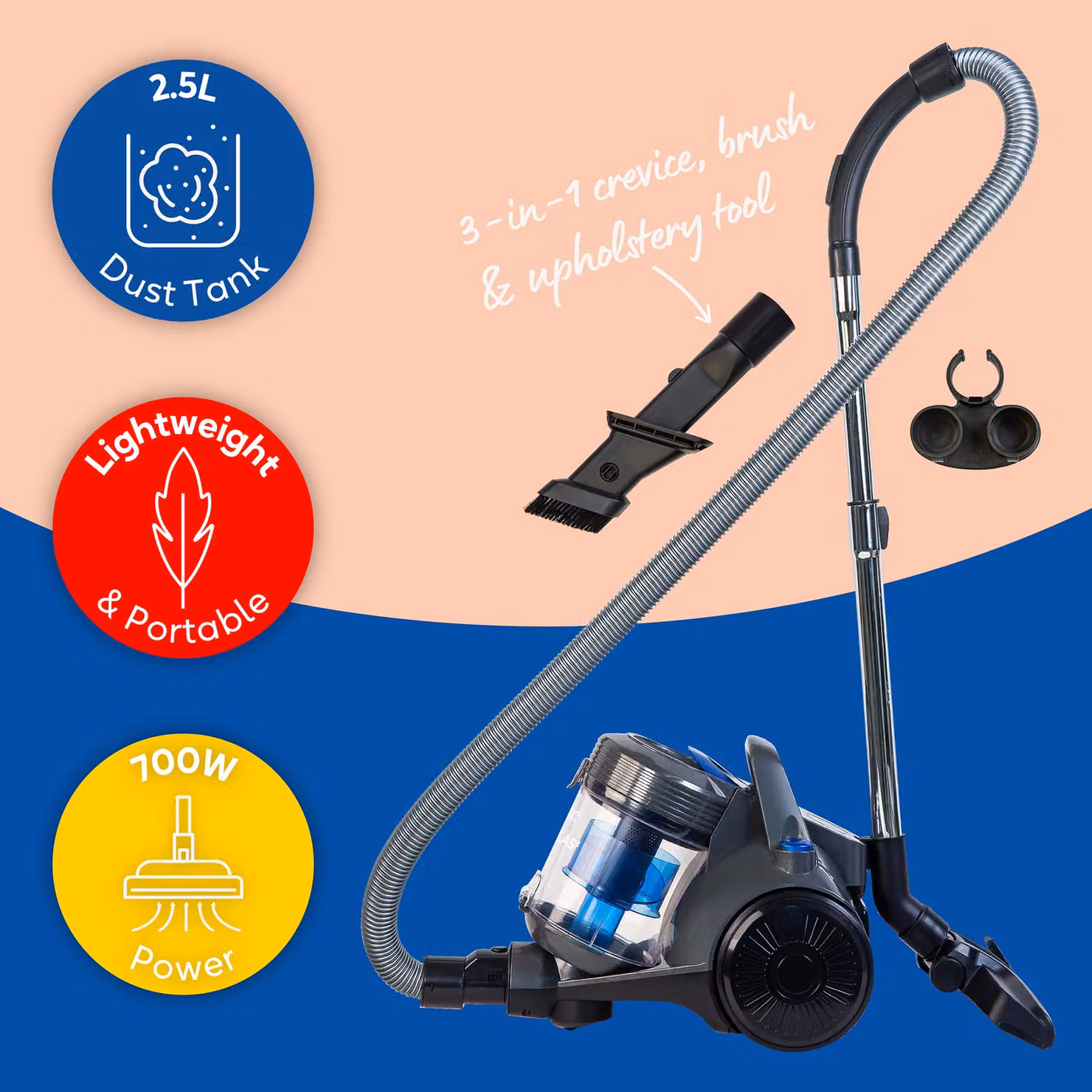 Russell Hobbs ATLAS2 3 in 1 Bagless Cylinder Vacuum Cleaner, 700W, 2.5L, Grey RHCV3101 – 2