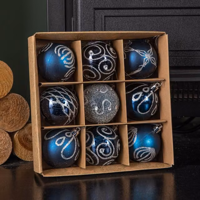 Samuel Alexander Set of 9 Shatterproof Deluxe Glitter Christmas Tree Baubles in Midnight Blue and Silver – 1