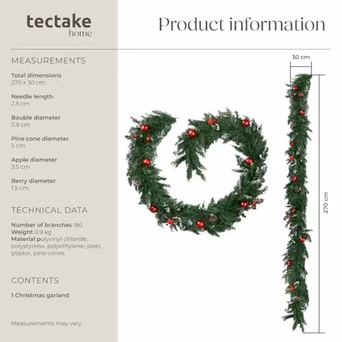 tectake Christmas Garland with Baubles, Pine Cones and Berries in Green and Red – 6
