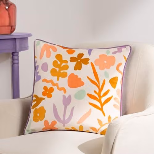 Amelie Doodles Floral Velvet Cushion, Multicolour and White, W/D/H: 43 x 43 x 43 cm
