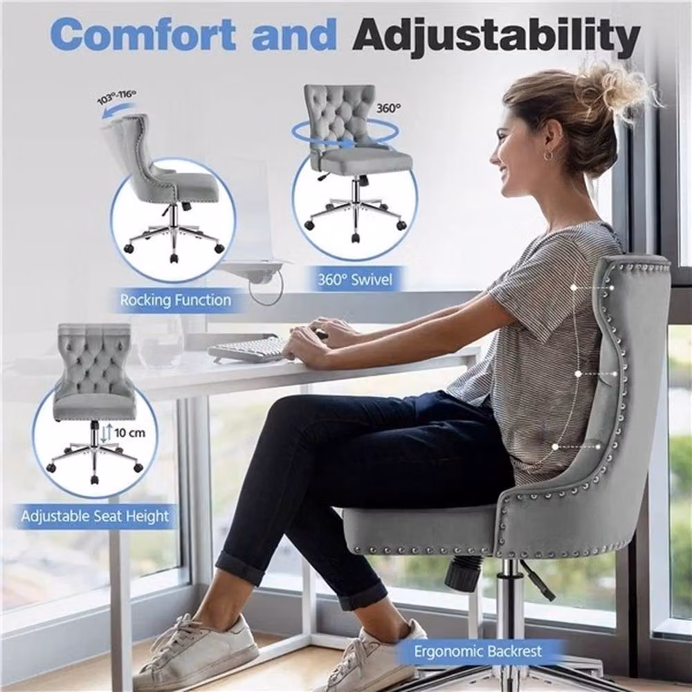KORVIXA Grey Velvet Upholstered Swivel Task Chair for Home Office and Bedroom, W/D/H: 100 x 100 x 136 cm – 3