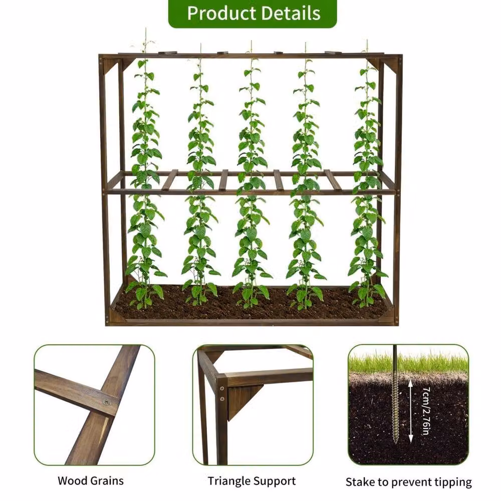 KORVIXA 5-Slot Brown Wooden Garden Trellis Tomato and Vegetable Support Cages – 3