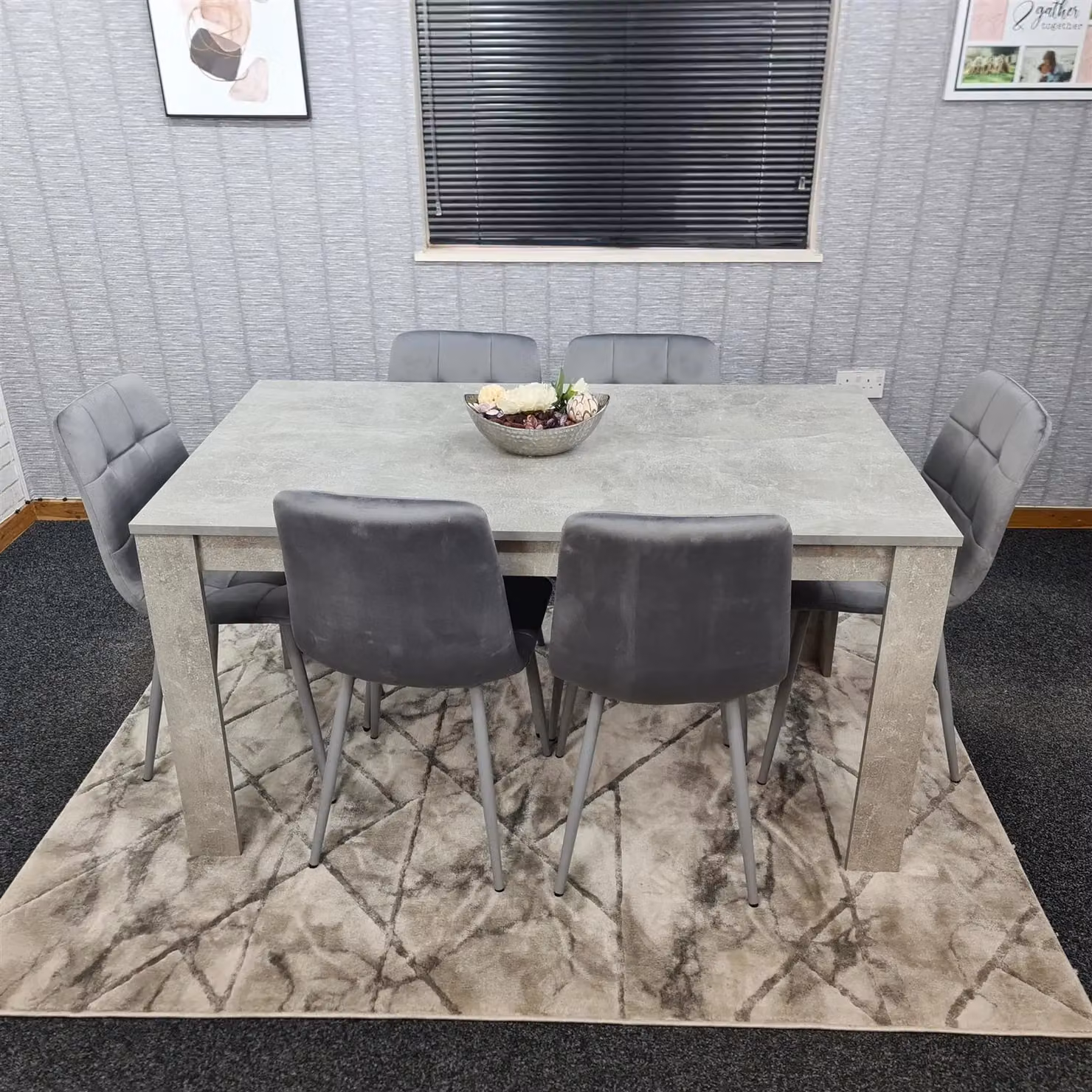 KOSY KOALA Modern Stone Grey Effect Dining Table Set with 6 Brown Velvet Chairs – 2