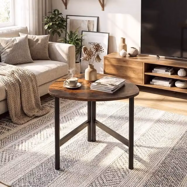 FORGEVIO Industrial Round Coffee Table in Brown with Metal and Wood Construction – 1