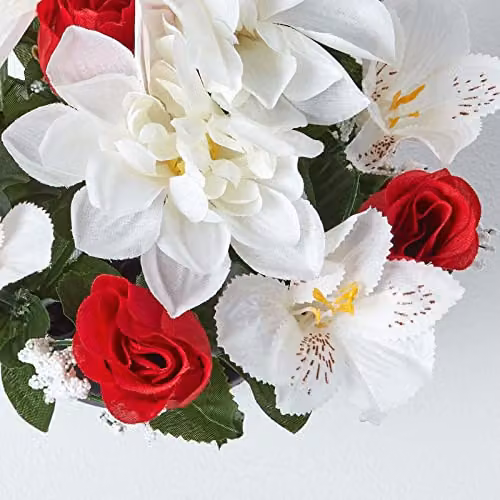 Homescapes Set of 2 Red and White Mixed Artificial Flowers with Black Pots for Condolence and Grave Decoration, Height: 30 cm – 4