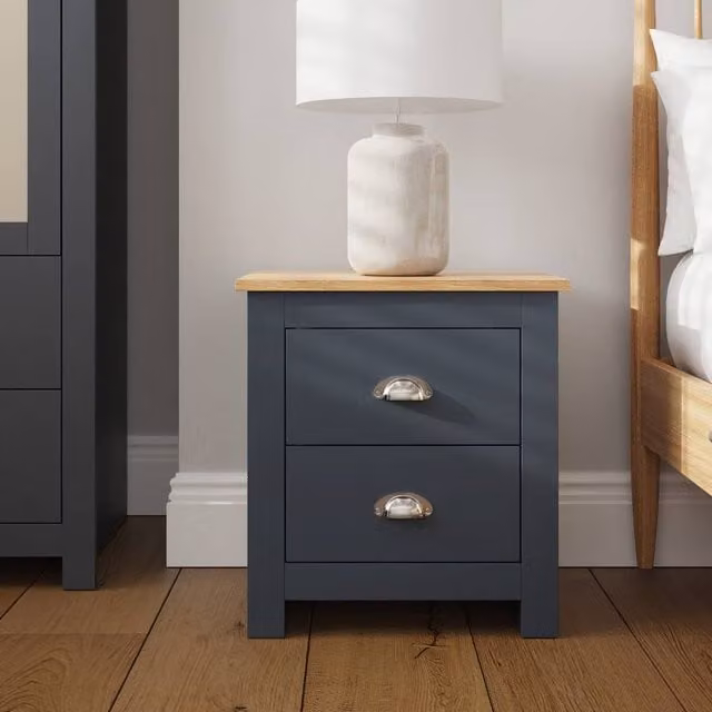 GFW Lancaster 2 Drawer Bedside Table in Dark Navy Blue