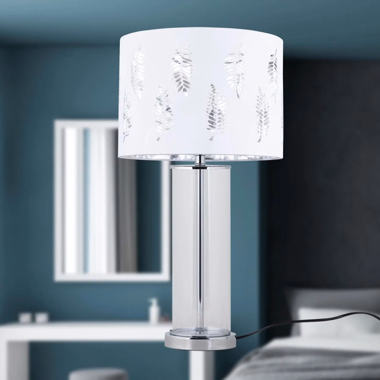 First Choice Lighting Aura Chrome Table Lamp with White Fern Cut Out Silver Inner Shade – 2