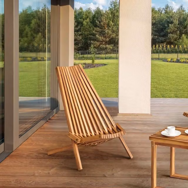 Wyld and Coco Set of 2 Brown Oiled Acacia Wood and Steel Foldable Rustic Garden Chairs