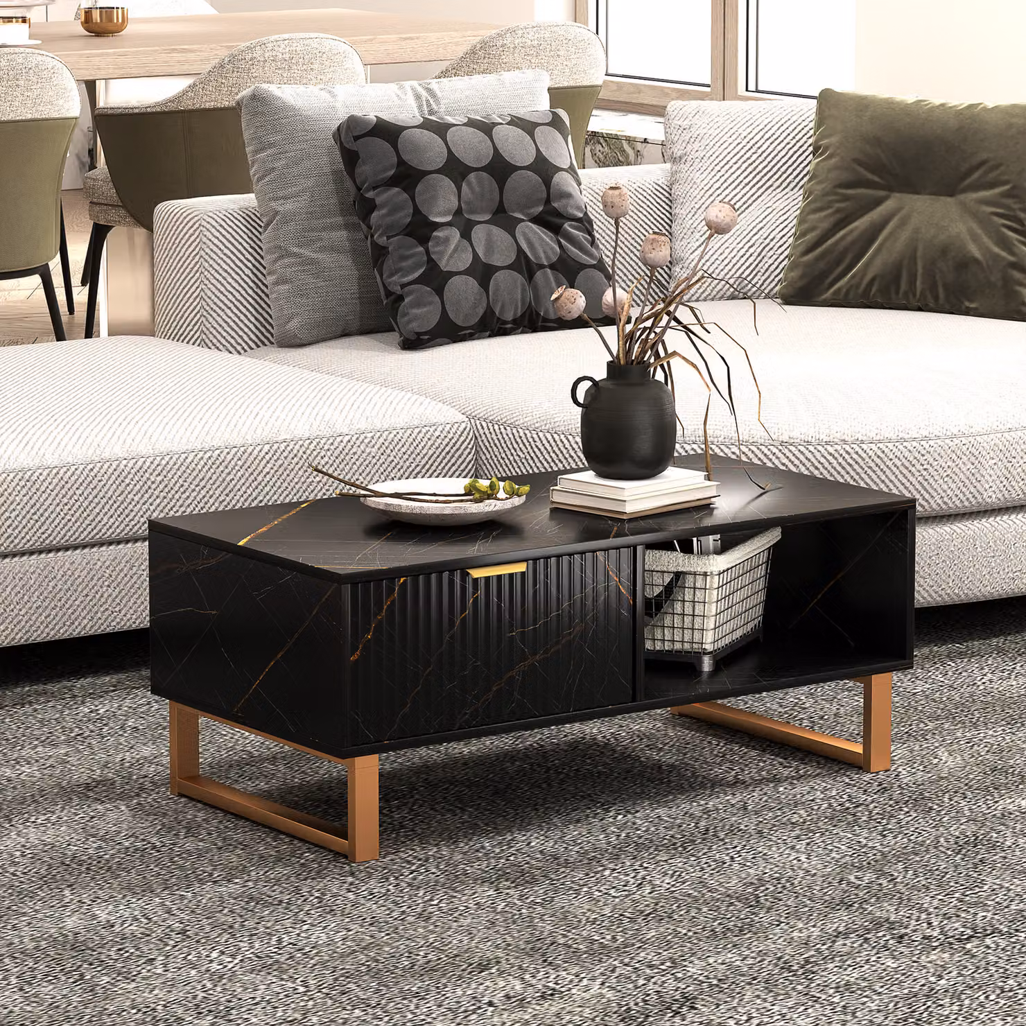 HOMCOM Elegant Marble Effect Storage Coffee Table in Black and Gold – 8