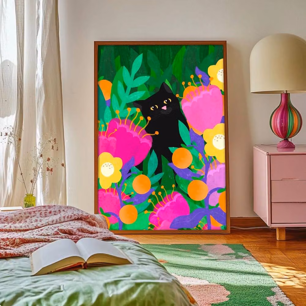The Paper Tail Cat In The Wild Colourful Floral Art Print, Multicolour, A5 – 3