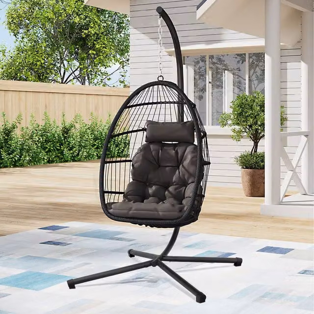 Livingandhome Modern Black Rattan Garden Hanging Egg Chair with Soft Cushion