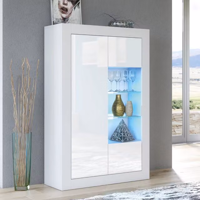 Creative Furniture Arcadia Glossy White Display Cabinet with Glass Doors and Integrated Lighting, W: 140 cm