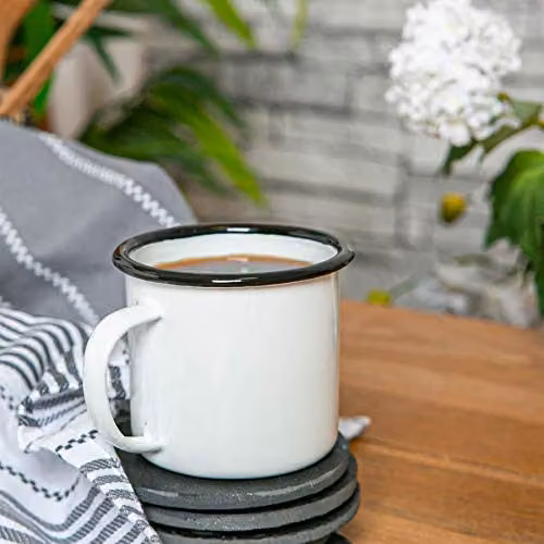 Argon Tableware White Enamel Mugs, Black, Set of 6, 375ml – 2