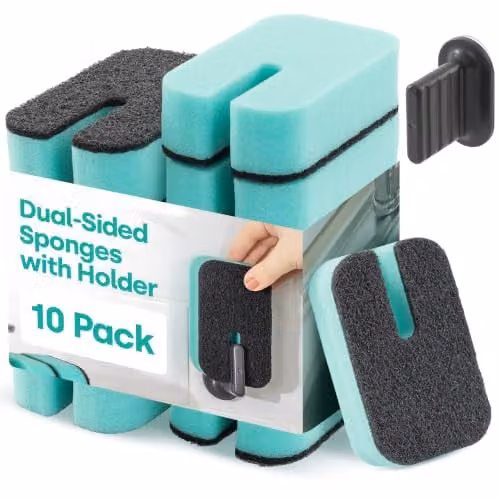 LIVIVO Pack of 10 Dual-Sided Washing Up Sponges with Blue Suction Holder
