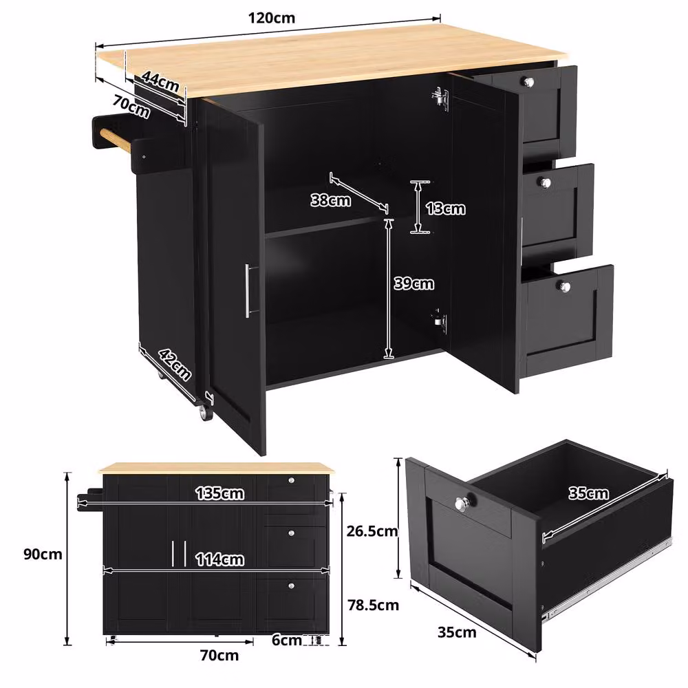 Rolipo Kitchen Island Cart with Foldable Wood Top, Drawers and Lockable Wheels in Black – 5