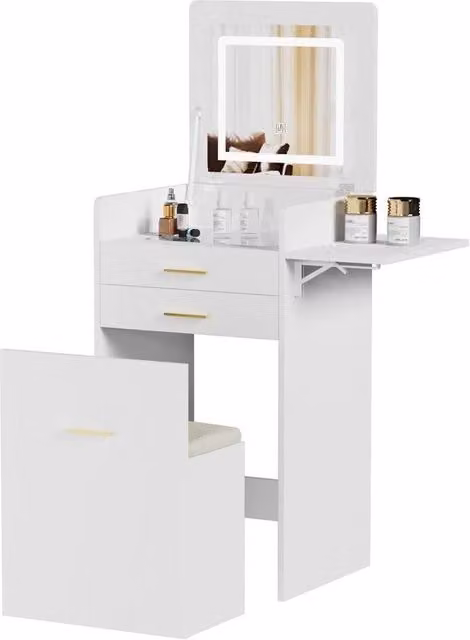 Kelvenix Modern Dressing Vanity Table Set with Hollywood LED Mirror in White