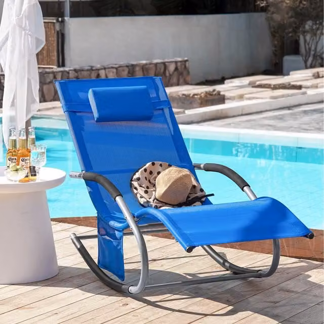 SoBuy Outdoor Garden Rocking Sun Lounger Recliner with Adjustable Headrest and Armrests, Blue