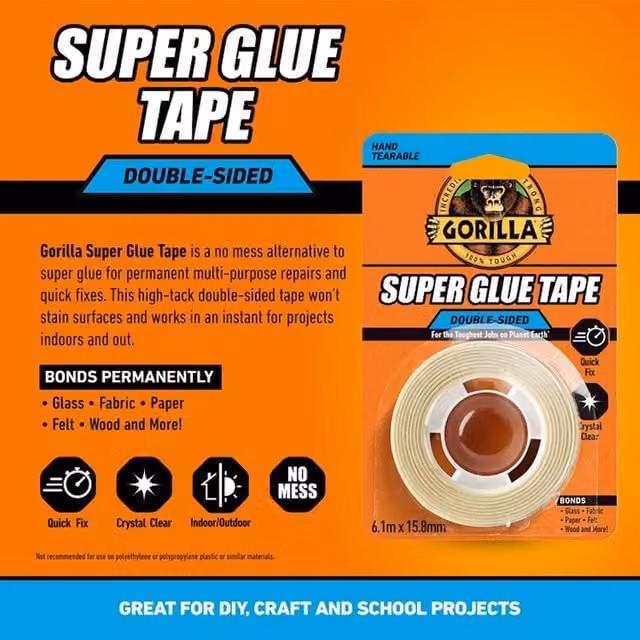 Gorilla Double Sided Super Glue Tape, Transparent, Width: 1.58 cm, Length: 6.1 m