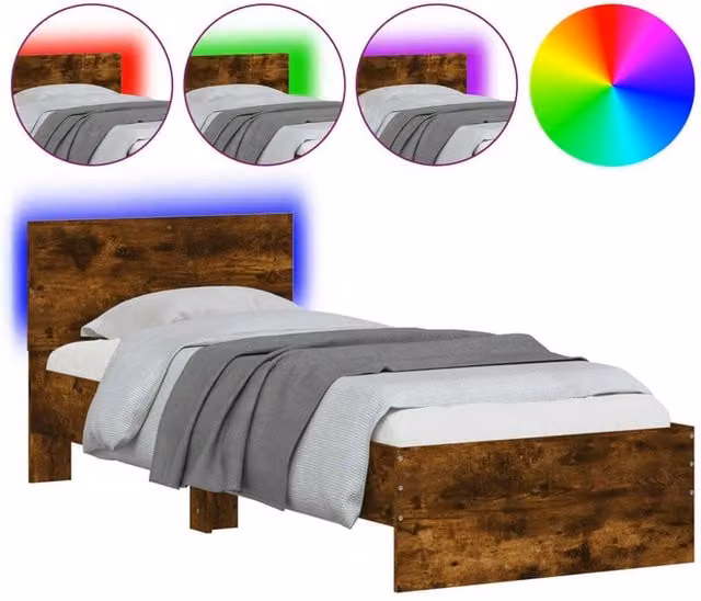 Berkfield Home Modern Bed Frame with LED Lights and USB Charging Port in Smoked Oak Brown, W/D/H: 90 x 200 cm