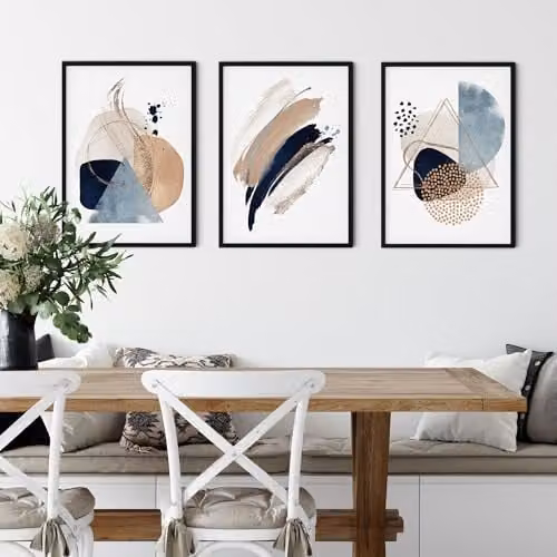 ARTZE Set of 3 Abstract Blue and Beige Boho Wall Art Paper Posters in Black Wood Frames, W: 33 cm, H: 45 cm