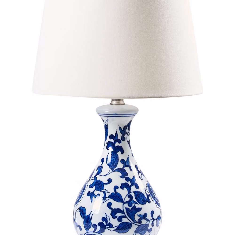 Wyld and Coco Blue and White Ceramic Table Lamp with Fabric Cylinder Shade – 2