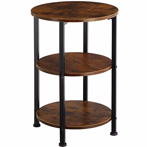 tectake 3-Tier Round Side Table with Industrial Steel Frame and Wood-Look Tabletop in Dark Wood, Ø 40 x H 61 cm