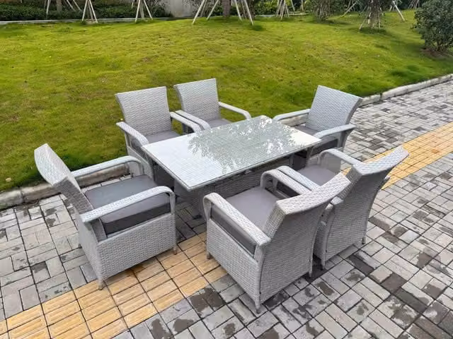 Fimous Rattan Outdoor Garden Furniture Set with Rectangular Glass Table and 6 Chairs in Light Grey