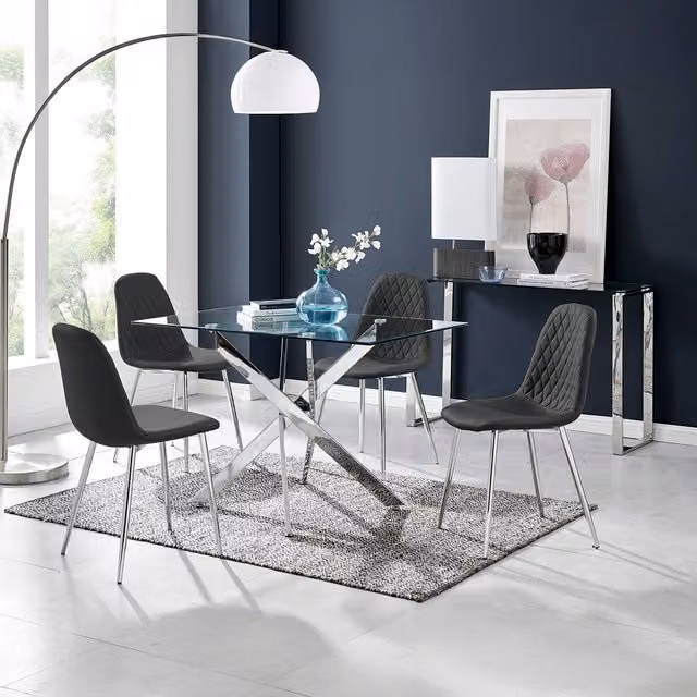 FurnitureboxUK Black Metal Dining Table and 4 Silver Corona Chairs Set with Transparent Glass Top, W: 120 cm