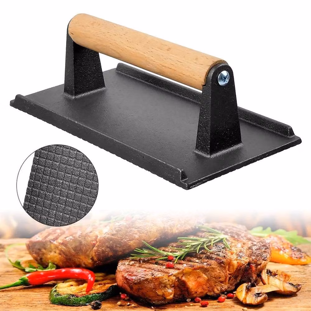 NESTLUNE Black Cast Iron and Wood Heat Resistant Burger and Steak Press – 5