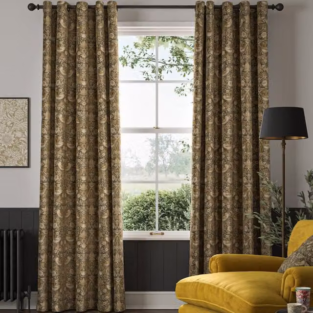 William Morris At Home Strawberry Thief Made to Measure Velvet Eyelet Curtains in Multicolour Floral Design
