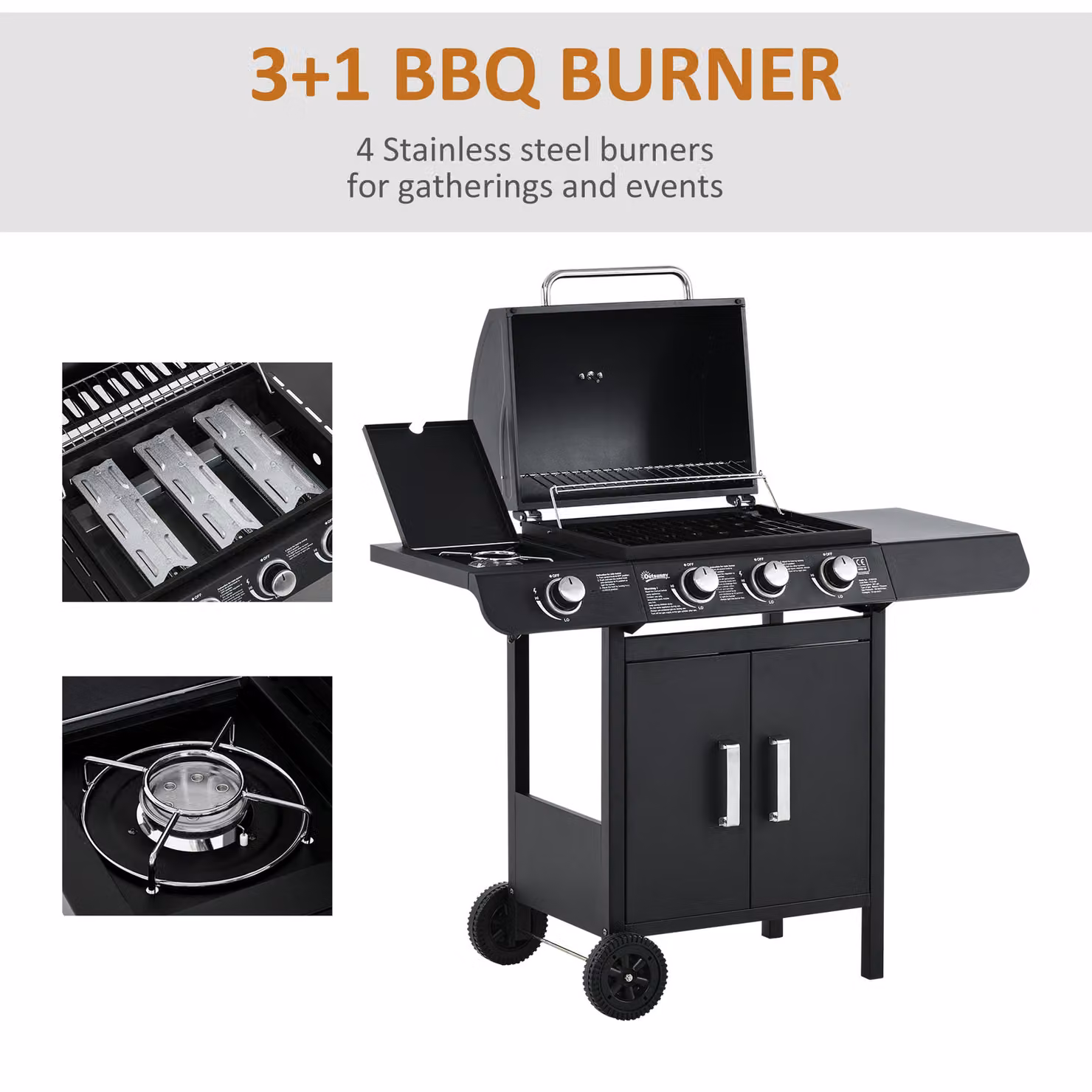 Outsunny Gas BBQ Grill with 3+1 Burners, Side Burner, Warming Rack and Side Shelves, Black, W/D/H: 110 x 50 x 100 cm – 8
