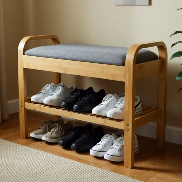 Gr8 Home Bamboo 2 Tier Shoe Rack Bench with Fabric Cushion Seat, W/D/H: 60 x 50 x 34 cm, Natural Grey