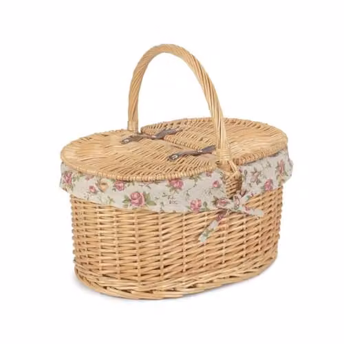 Red Hamper Brown Willow Double Lidded Oval Picnic Basket with Garden Rose Lining – 1