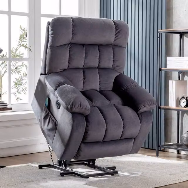 Rolipo Grey Fabric Electric Power Lift Recliner with Massage and Heat