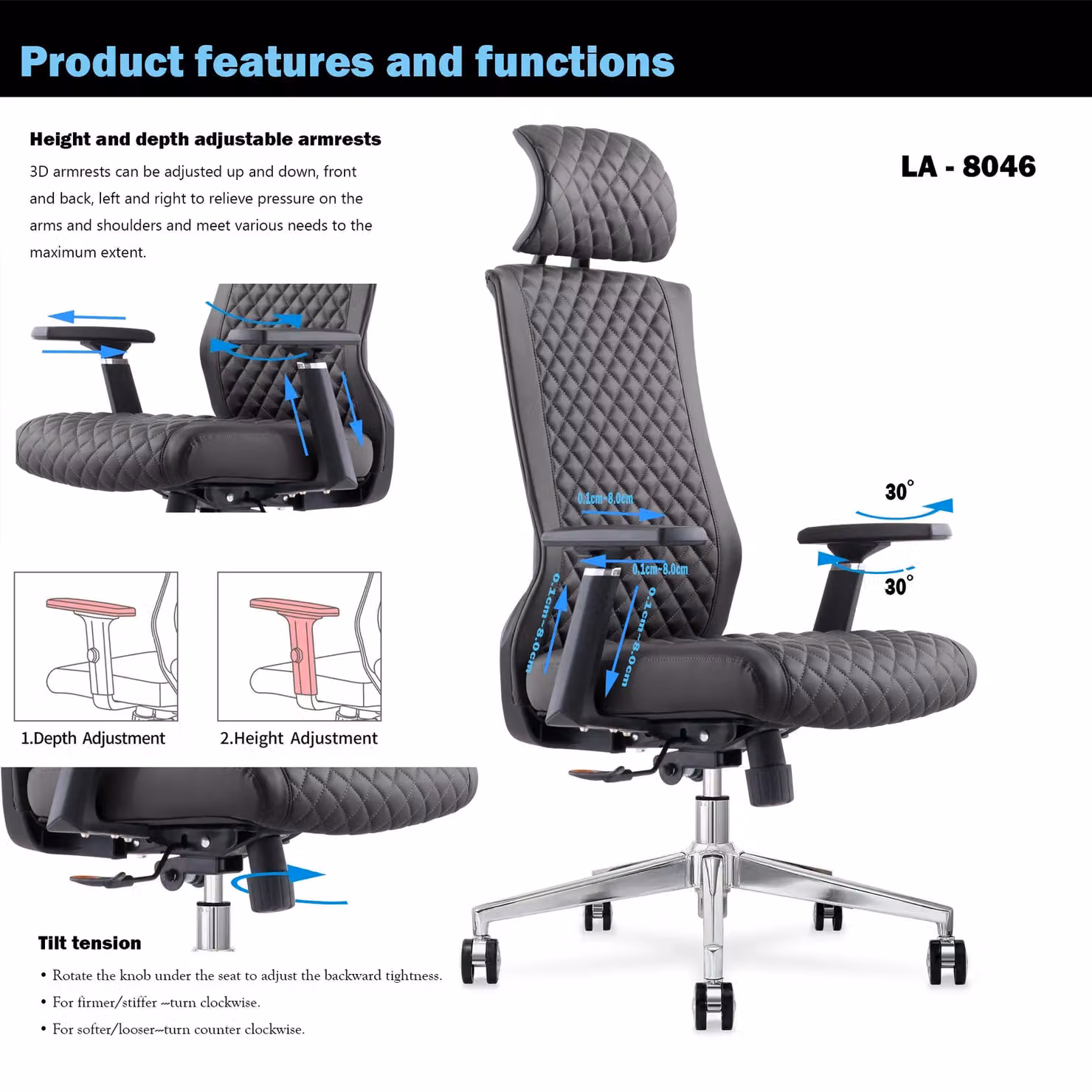 JFY High-Back Quilted Faux Leather Executive Swivel Chair with Reclining Backrest and Headrest in Black – 4