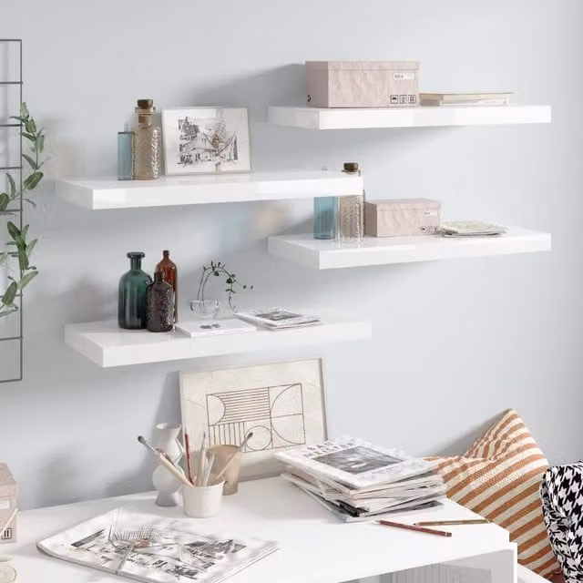 Berkfield Home Set of 4 Floating Wall Shelves in High Gloss White, W: 60 cm, D: 23.5 cm, H: 4 cm – 1