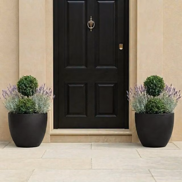Idealist Set of 3 Round Outdoor Plant Pots in Black Stone and Concrete Finish, Diameter: 40 cm