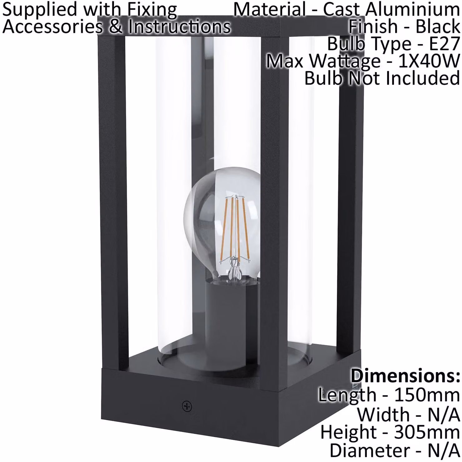 Loops 2 Pack Black Cast Aluminium IP44 Outdoor Bollard Lights with E27 Bulb Holder, H 30.5 cm x W 15 cm x D 15 cm – 2