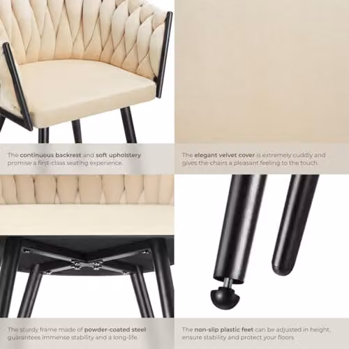 tectake Set of 4 Astano Dining Chairs with Velvet Fabric and Knot Design in Sand and Black – 4