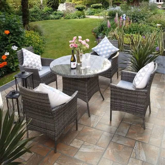 RayGar Modern Grey Rattan 4 Seater Bistro Set with Round Glass Table