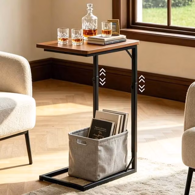 FORGEVIO Height Adjustable Side Table with Rounded Rectangular Wood Top in Brown and Multicolour – 1