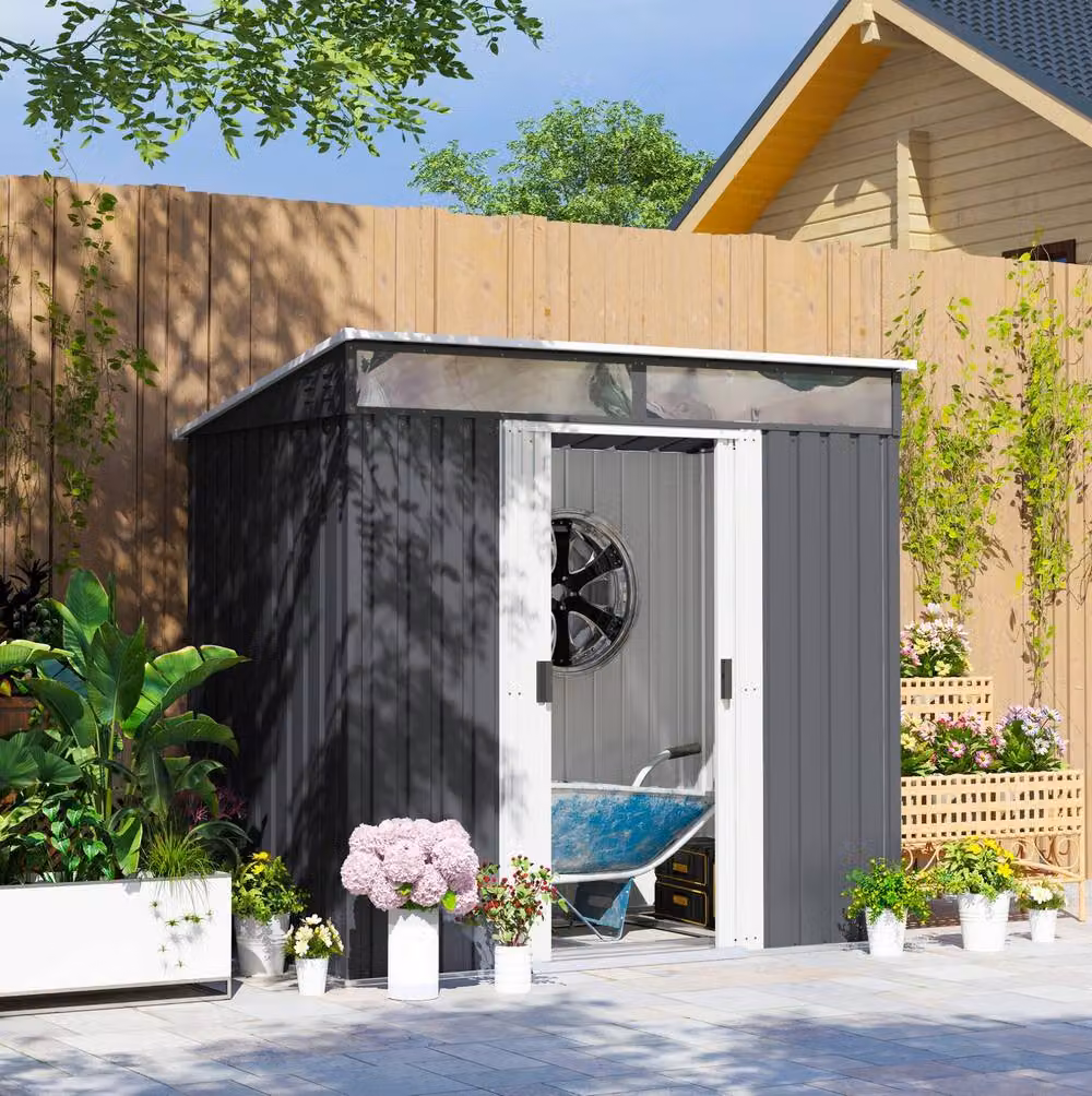 STILVORA Grey Metal Pent Garden Shed with Foundation Kit, Sliding Doors, Window and Side Vent, W/D/H: 181.0 x 122.0 x 195.0 cm – 4