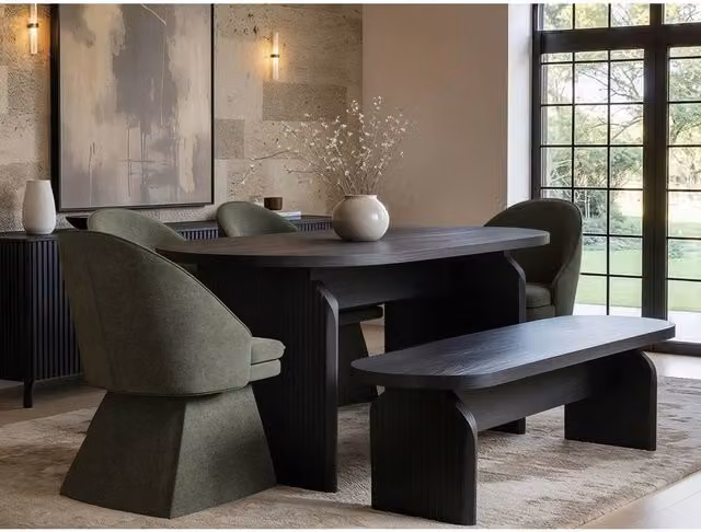 Solace+Co Varm Black Oval Dining Table with Bench and Aiko Green Chairs Set of 4 Bundle – 1