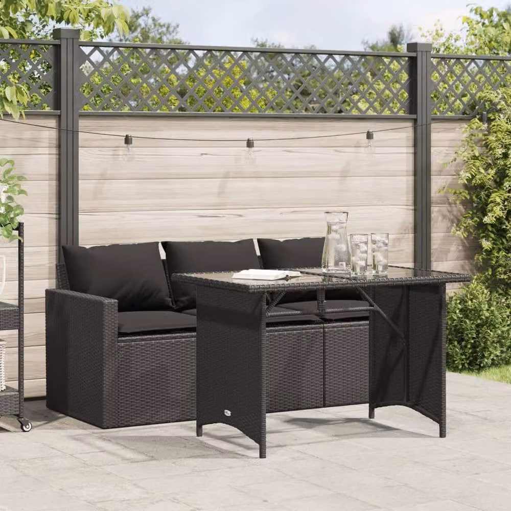 Berkfield Home 2 Piece Black Poly Rattan Garden Dining Set with Cushions and Glass Top – 2